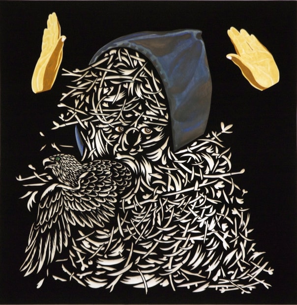 Hooded figure with large bird in the foreground, two white hands at the sides