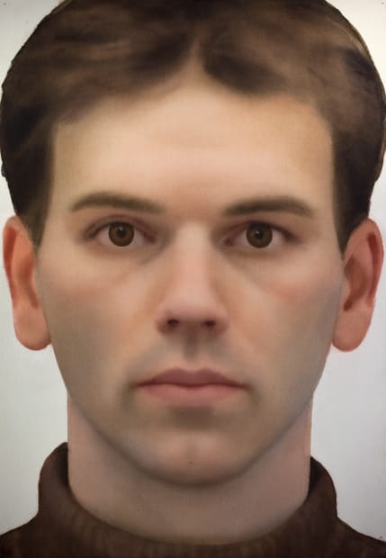 Bust length frontal view of a young brown haired man in a mock turtleneck shirt