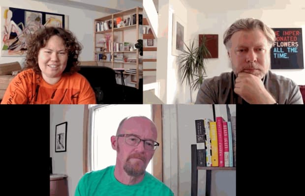 Screen shot of Zoom interview between Christina Quarles, Greg Manuel, and Daniel Strong, showing their faces.