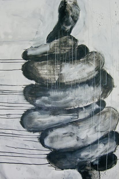 Constriction, canvas in acrylic, oil, graphite, and ink, 72 x 48 inches