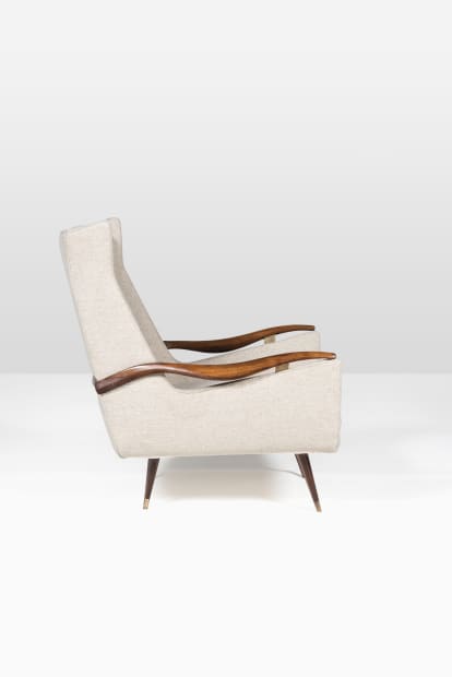 Pair of rare high-backed armchairs, 1958 Wood, light linen fabric, solid rosewood, brass 92 x 82 x 85 cm (36...