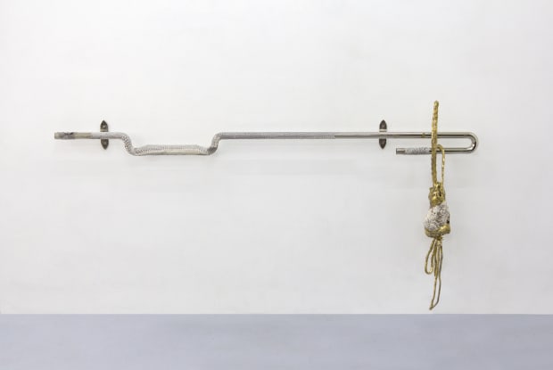 fig 36.5 skinwalker, 2024 nickel-plated steel, cobra skin, bronze, turquoise 104 x 206 x 18cm (41 x 81 x 7in)