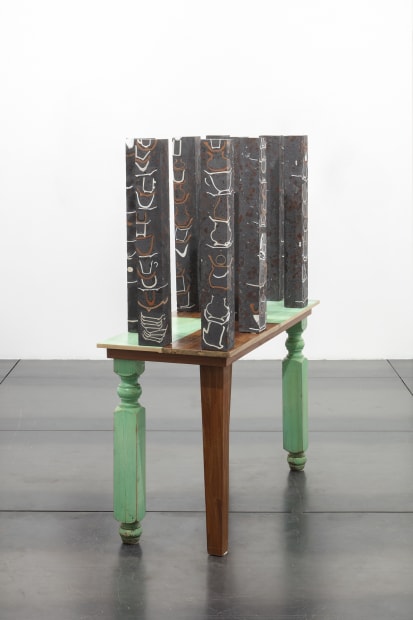 Javier Carro Temboury Café Transversal VI (Conjunto), 2025 Ceramic cups and dishes, coffee leftovers and tezontle stone, cast in concrete...
