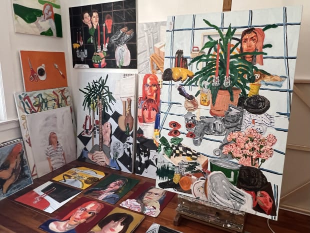 View of Emilio Villalba's studio with multiple paintings