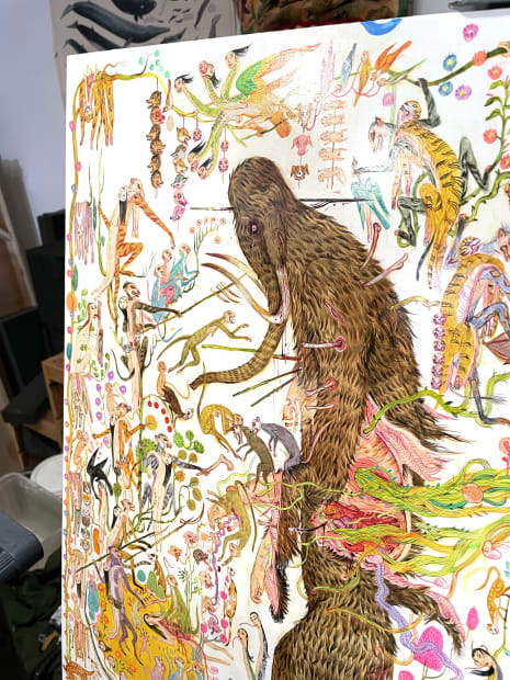 Detail of Mu Pan painting in studio, animals, humans and hybrid creatures eating, fighting, etc