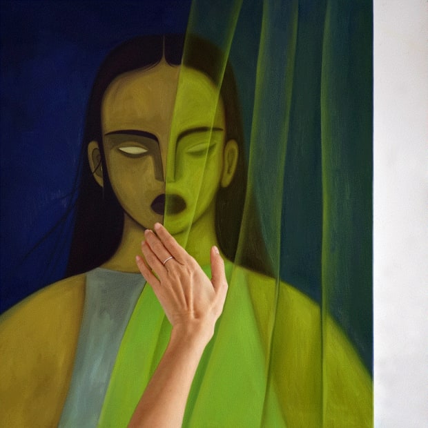 Hilda Palafox painting of woman in tones of green, with long straight black hair parted down center, face partially obscured by sheer curtain. Artist's hand in front of canvas, mimicking pulling back curtain