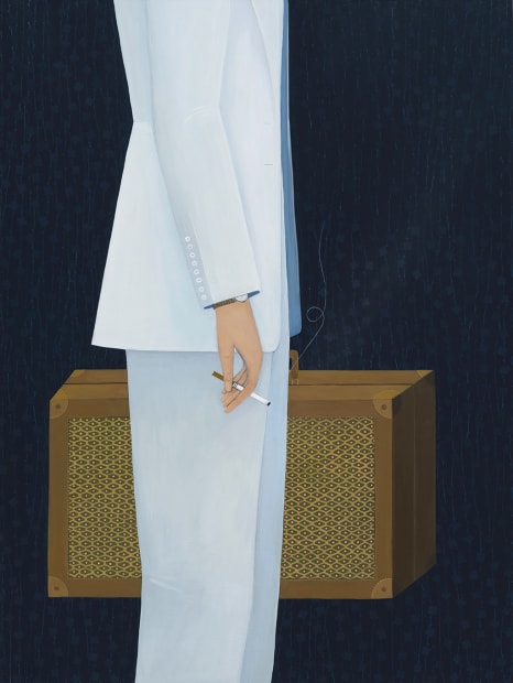 Painting of a man holding a suitcase and a lit cigarette