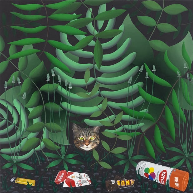 Painting by John Slaby of a tabby cat in a bush with a spray paint can, a pack of cigarettes, a lighter and a candy bar wrapper on the ground in front.