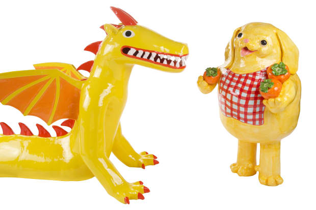 Katie Kimmel and Lorien Stern - Yellow dragon and yellow dog wearing red gingham apron face one another