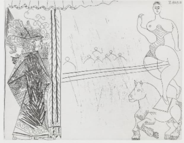 4. Pablo Picasso 'Braggart in his Sunday Best behind the Scenes of a Circus' (1968)