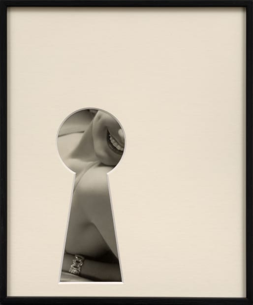 framed photograph with overmat in the shape of a keyhole revealing a fragment of a woman's smiling mouth by Sissi Farassat