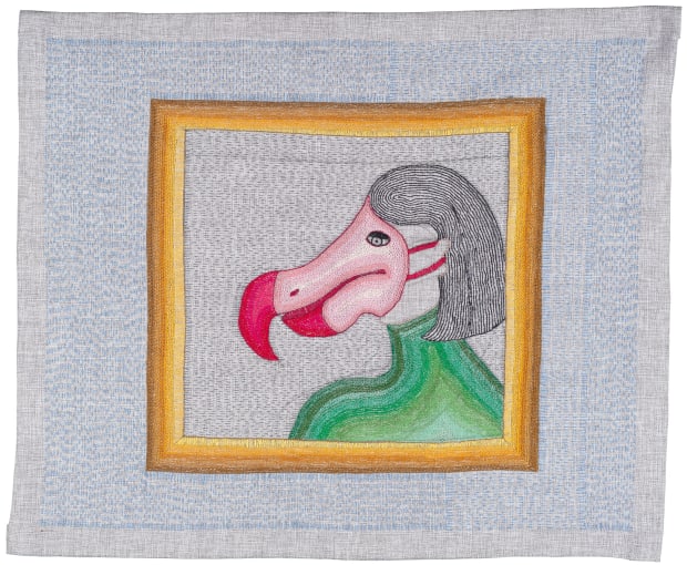 Didus Ineptus, 2021, Hand embroidery with cotton threads on linen, 60 x 71,5 cm