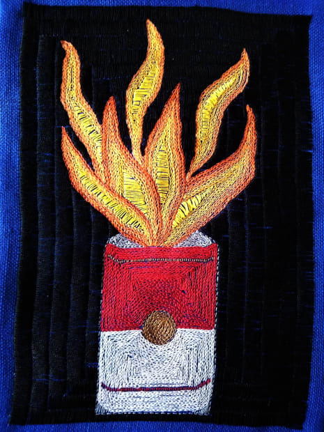 War, 2021, Hand embroidery with cotton threads on blue jute, 52.5 x 38.5 cm