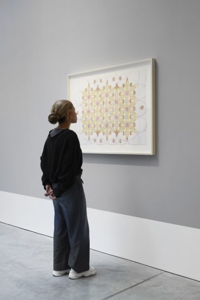 In the drawing Untitled, 2016, her prized hexagon anchors the composition of expansive geometric florals, holding together blue and yellow...