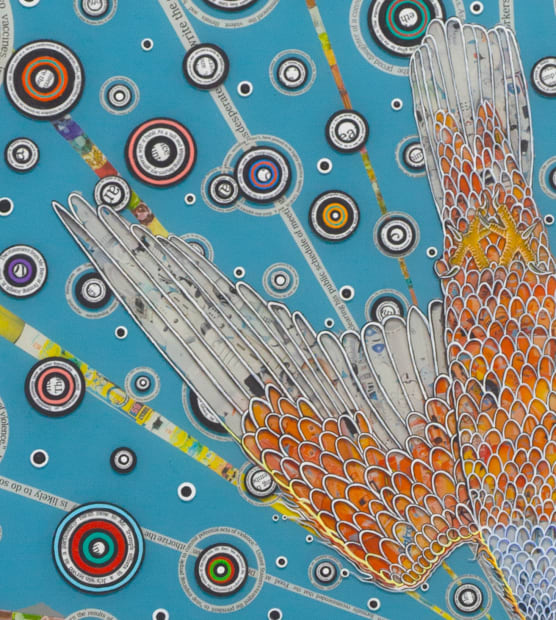 In Fred Tomaselli's new work, a Peregrine Falcon (the world's fastest moving biological entity) dives towards a landscapethat appears both...