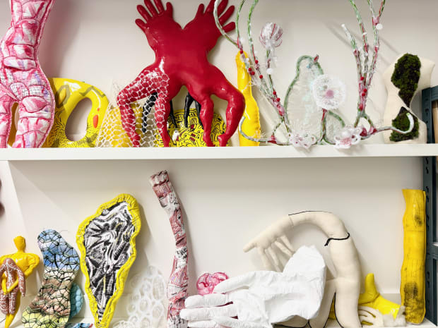 My practice unfolds like a laboratory. On these shelves are fragments, prototypes, and half-formed bodies — evidence of a process...