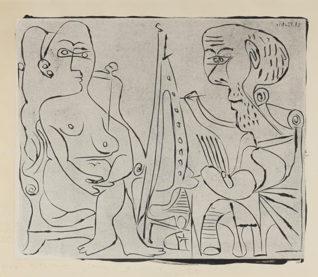 An artist is painting a nude model