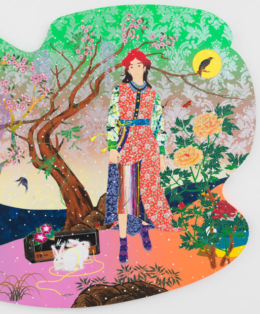 This painting by Tomokazu Matsuyama features a single figure walking through a natural scene. Birds and butterflies flutter about the...