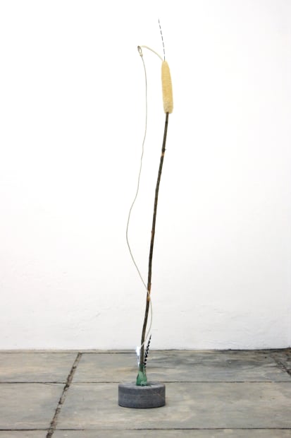 Natural sponge, deer rib, porcupine spine, handmade rope, branch, neon, glass coke, volcanic stone and feather 50 x 190 x...