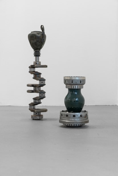 Rotational friction 1 (2022) and Rotational friction 2 (2023) are sculptures made of mechanical car parts connected to collected vessels,...