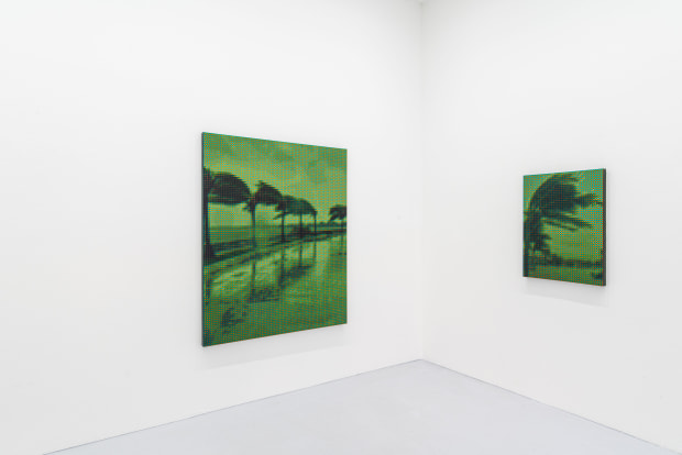 'The paintings present images of hurricanes captured by outdoor networked cameras, and are painted, in the raw bayer pattern that...