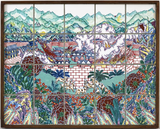 Casey Chen Military maneuvers 7 (after Rousseau), 2025 glazed earthenware tiles, overglaze enamels, gold lustre, wood, grout 41 x 51...