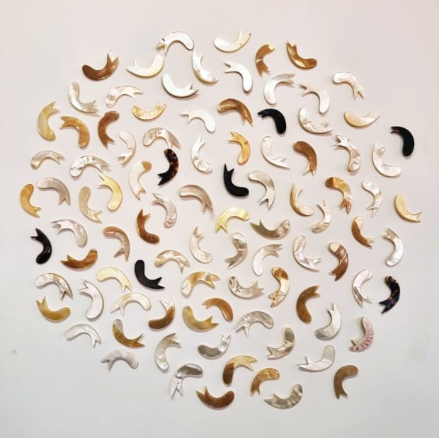 DARRELL SIBOSADO Niman Aarl (Many Fish), 2021-2024 carved mother of pearl, ebony, turtle Shell and trochus 100 x 100 cm...