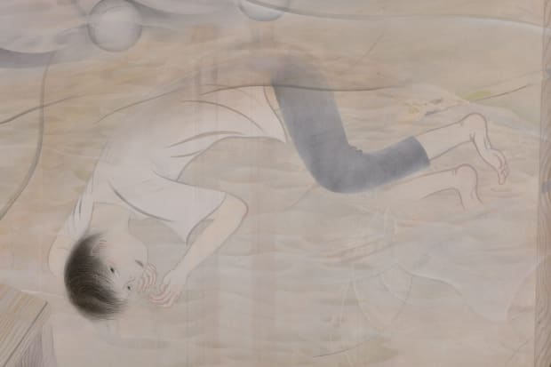 In the painting Soup of Memories Served with Smiling Sunflowers and Bones(2020), she portrays the figure’s body in a curled-up...