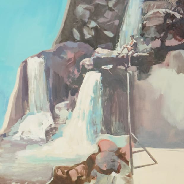 Re-looking at our recorded history, Hilmi Johandi’s (b. 1987, Singapore) new painting Landscapes and Paradise VI (View of a garden...