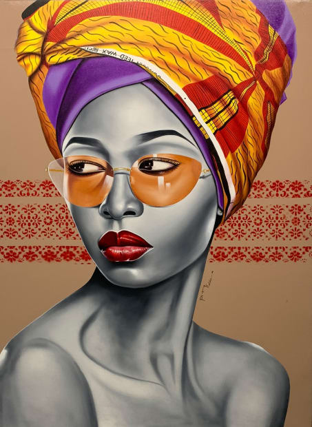 Painting of an african women wearing a headwrap in african print textile by Congolese artist