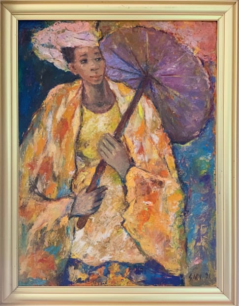 Modern African Art by Sadi Matamba with a woman carrying an umbrella