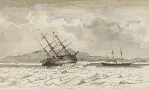 Edward Augustus Inglefield’s HMS Breadalbane and HMS Phoenix caught in the ice off Beechey Island, 1853 can be seen as...
