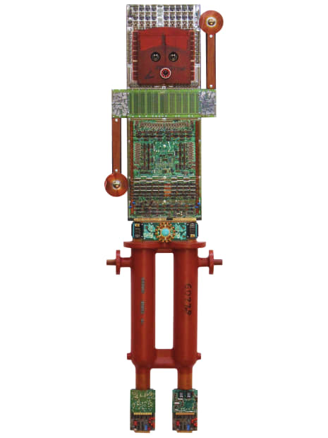 Liz Mamorsky has created a sculptural series of large-scale artwork that have an appearance of robots, or “Artbots”, with varying bold features, colors and sizes. Each of these three wall-hung sculptures is built on a wooden armature covered in reclaimed