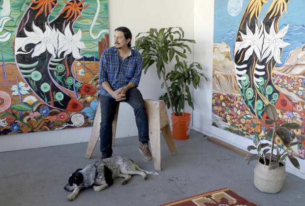 Daniel Gibson Self Portrait with dog on the floor