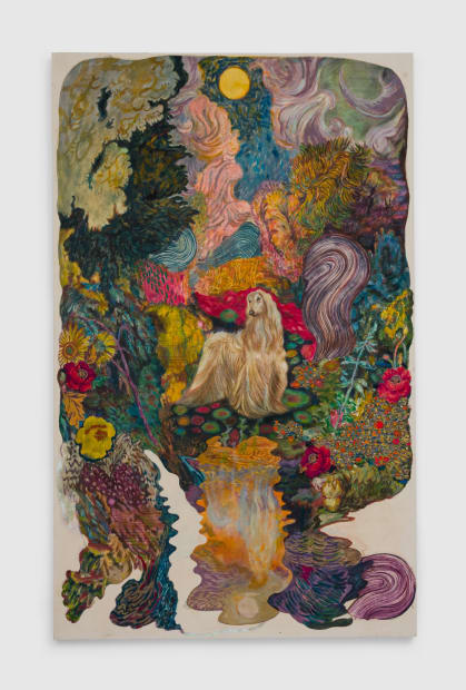 Each panel features a central subject: an elegant dog, a blistering sun, and a young man surrounded by lush foliage....