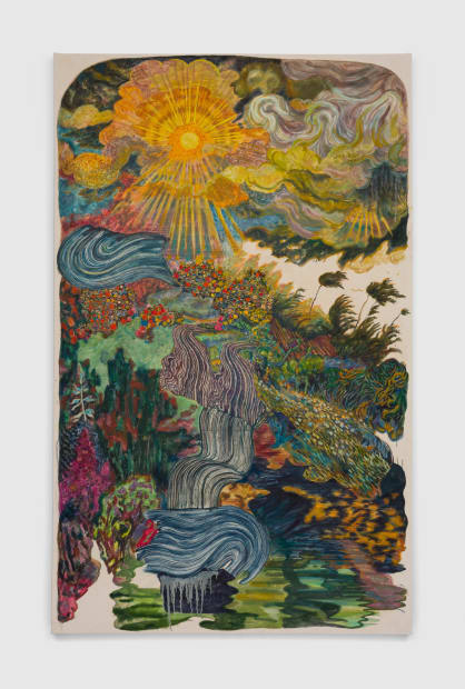 Each panel features a central subject: an elegant dog, a blistering sun, and a young man surrounded by lush foliage....