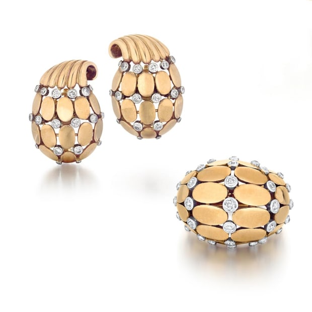 Cartier, A Gold & Diamond Ring and Earring Suite, c. 1950