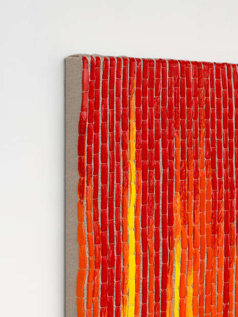 Analia SABAN Woven Paint as Warp (Red, Orange, and Yellow Values) 2024 Woven acrylic paint and linen thread on panel