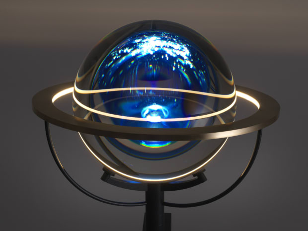 Under the upper gallery skylight, Model for decelerated light, 2021, picks up on Eliasson’s long-standing interest in navigational instruments, compasses,...