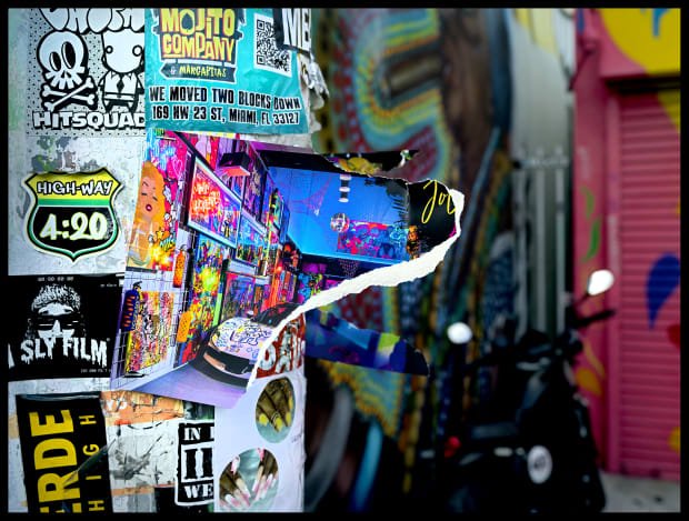 This work turns layers of torn posters, graffiti, and reflections into a collage of movement and decay, a visual echo...