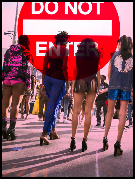 This work shows a street march in Wynwood collides with a sign from Mid Beach that reads “Do Not Enter.”...