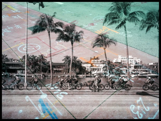This photograph captures the contrast between the idealized postcard image of Miami and the layered complexity beneath it. A layered...
