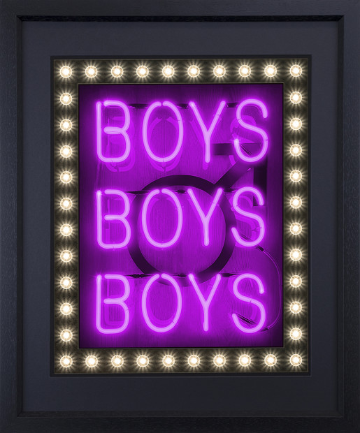 Courty Neon Art Boys, Boys, Boys - Purple Sexy Soho - Deluxe, 2022 Framed Limited Edition Print Black-Core Mount & Framed in Contemporary Deep Black Wood Moulding. Framed Size: 40 x 34 1/2 in Framed Size: 101.6 x 87.6 cm Limited Edition of 25