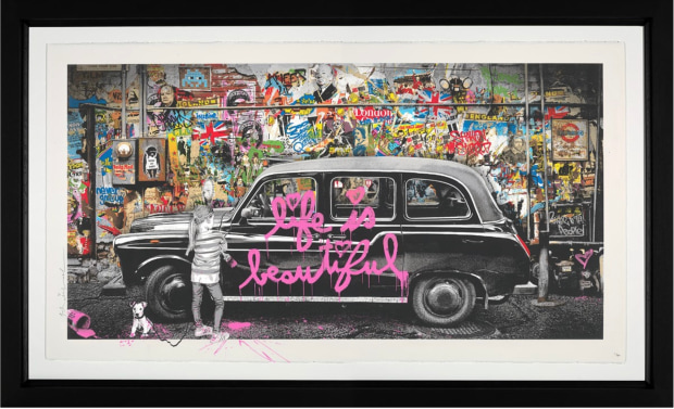 Mr Brainwash Black Cab, 2022 Framed Paper Edition with Silkscreen Varnish Framed Size: 28 x 44 in Framed Size: 71.1 x 111.8 cm Edition of 80