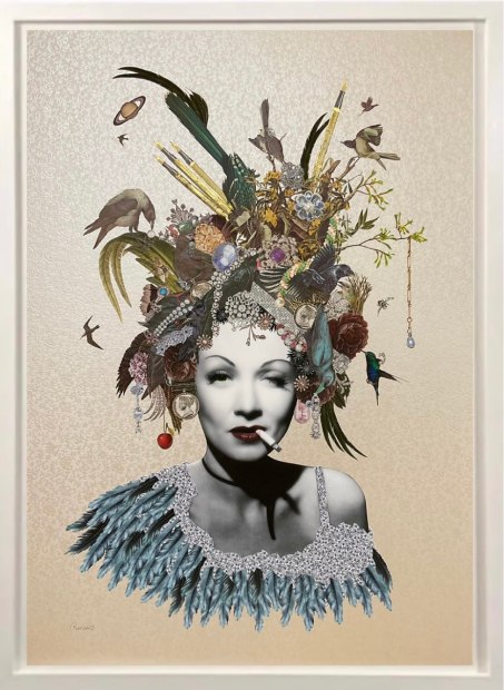 Maria Rivans Cherie - Marlene Dietrich - Original, 2022 Framed Original Collage On Paper Framed Size 38 1/4 x 28 3/8 in Framed Size 97 x 72 cm