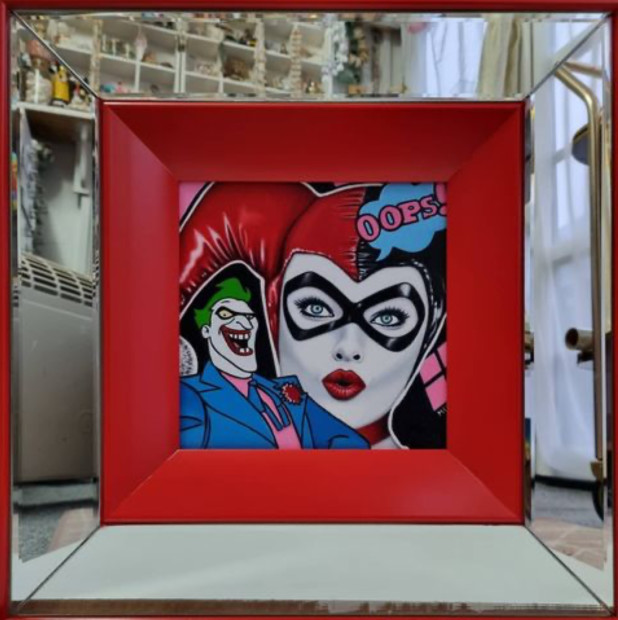 Marie Louise Wrightson Double The Trouble, Harley & Joker, 2021 Original Oil On Board with Mirror Frame Framed Size 1/8 x 14 1/8 in Framed Size 36 x 36 cm