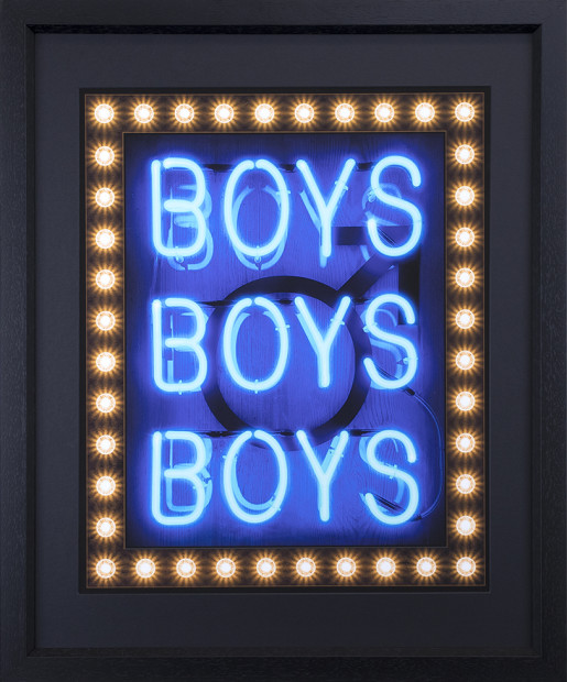 Courty Neon Art Boys, Boys, Boys - Blue Sexy Soho - Deluxe, 2022 Framed Limited Edition Print Black-Core Mount & Framed in Contemporary Deep Black Wood Moulding. Framed Size: 40 x 34 1/2 in Framed Size: 101.6 x 87.6 cm Limited Edition of 25