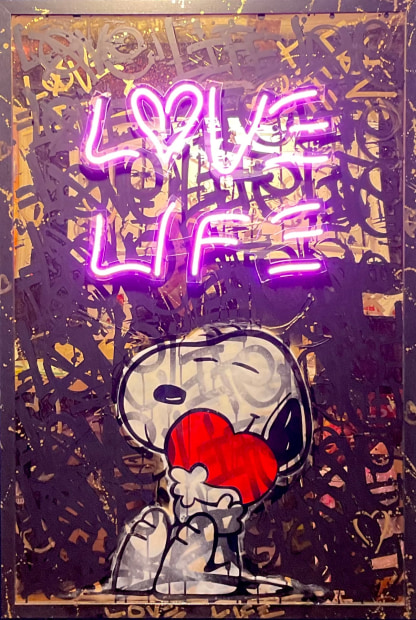 Dan Pearce Love Life, 2022 Original mixed media with neon. Tagging by Opake One Framed Size 50 x 33 7/8 in Framed Size 127 x 86 cm