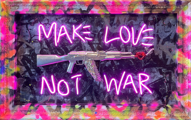 Dan Pearce Make Love Not War, 2022 Original mixed media with dimmable neon. Hand finished frame. Framed Size 33 7/8 x 54 3/8 in Framed Size 86 x 138 cm