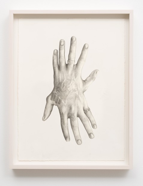 Aurel Schmidt Untitled (Hands) pencil, colored pencil on paper paper size: 21 x 14 inches framed size: 23 x 16-1/4...